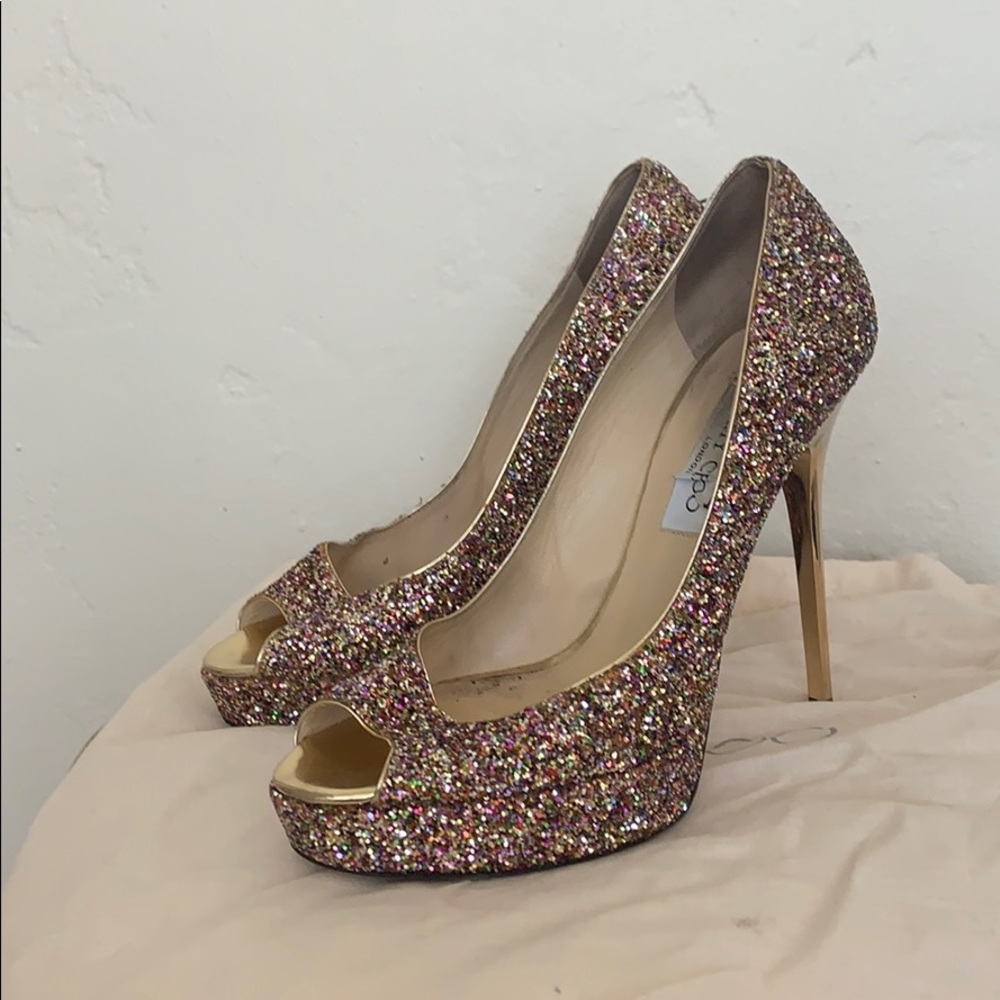 Jimmy Choo 123 Crown golden multi glitter heels